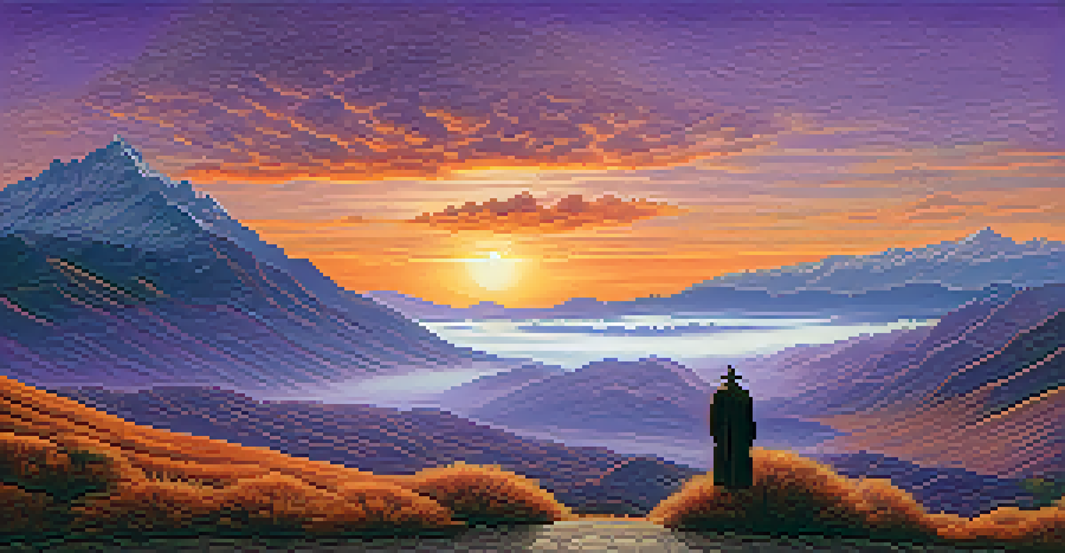 A breathtaking Andes mountain landscape at sunset with a lone figure on a hill, surrounded by mystical mist and vibrant colors in the sky.