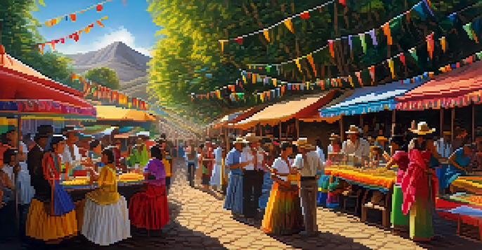 A lively outdoor festival in Peru, featuring people celebrating with traditional chicha, surrounded by colorful decorations and fruits.