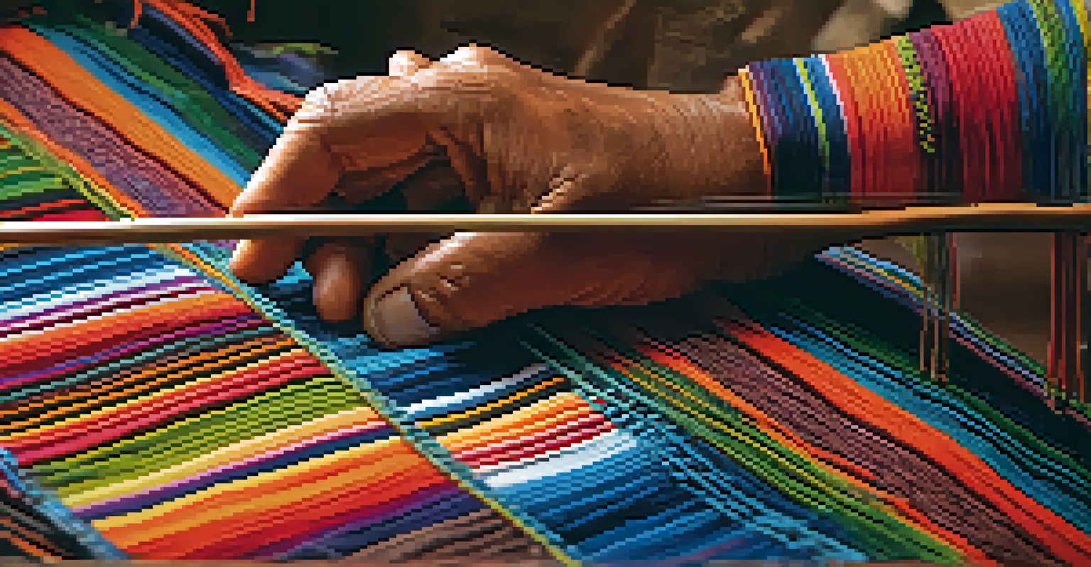 Close-up of an artisan's hands weaving a colorful Peruvian textile on a loom, showcasing intricate patterns and textures.