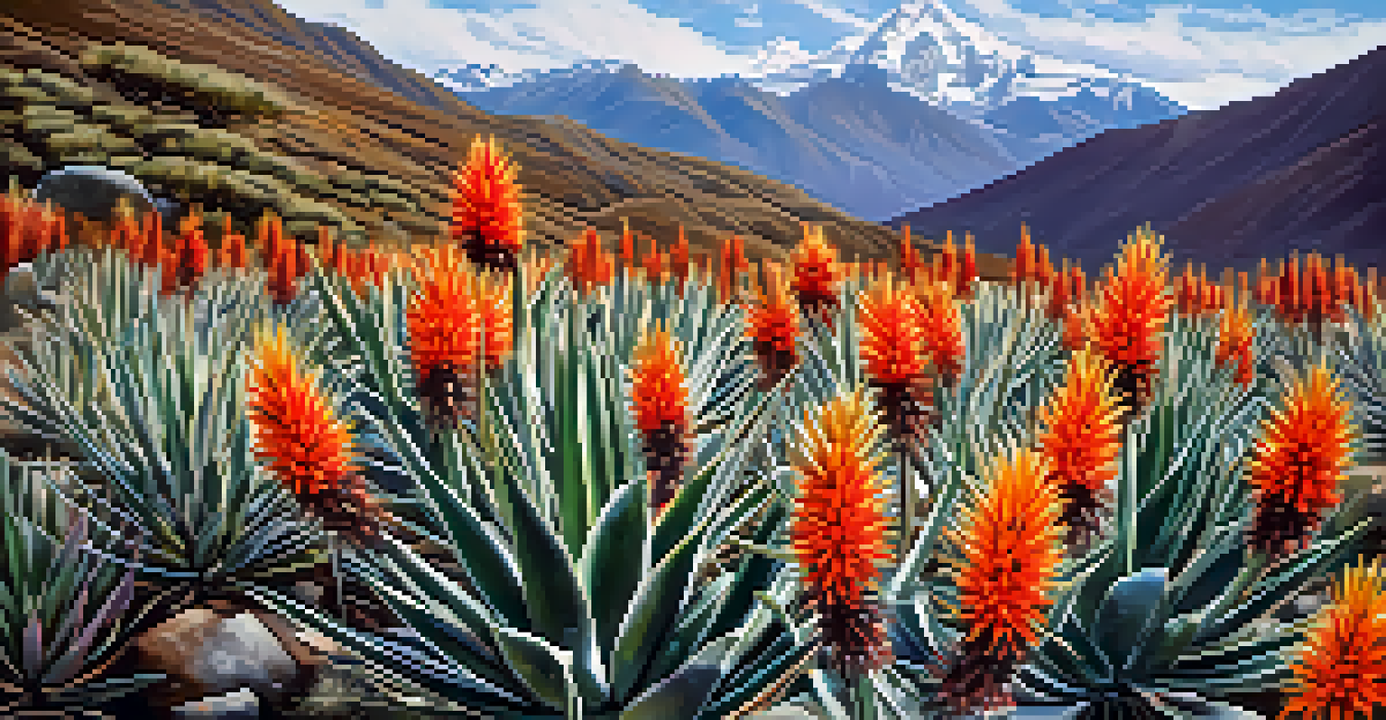 Close-up of unique flora from the Andes, showcasing Puya raimondii flower stalks amidst hardy alpine plants with a mountainous background.