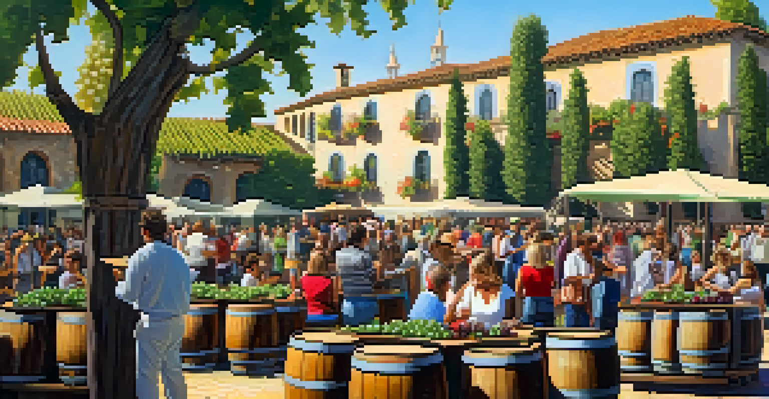 A vineyard during the Festival de la Vendimia, featuring wine barrels, people tasting wine, and musicians playing guitars and flutes amidst colorful decorations.