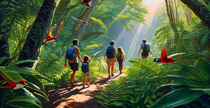 A family enjoying a hike in a lush green forest filled with colorful birds and tropical plants, with sunlight filtering through the leaves.