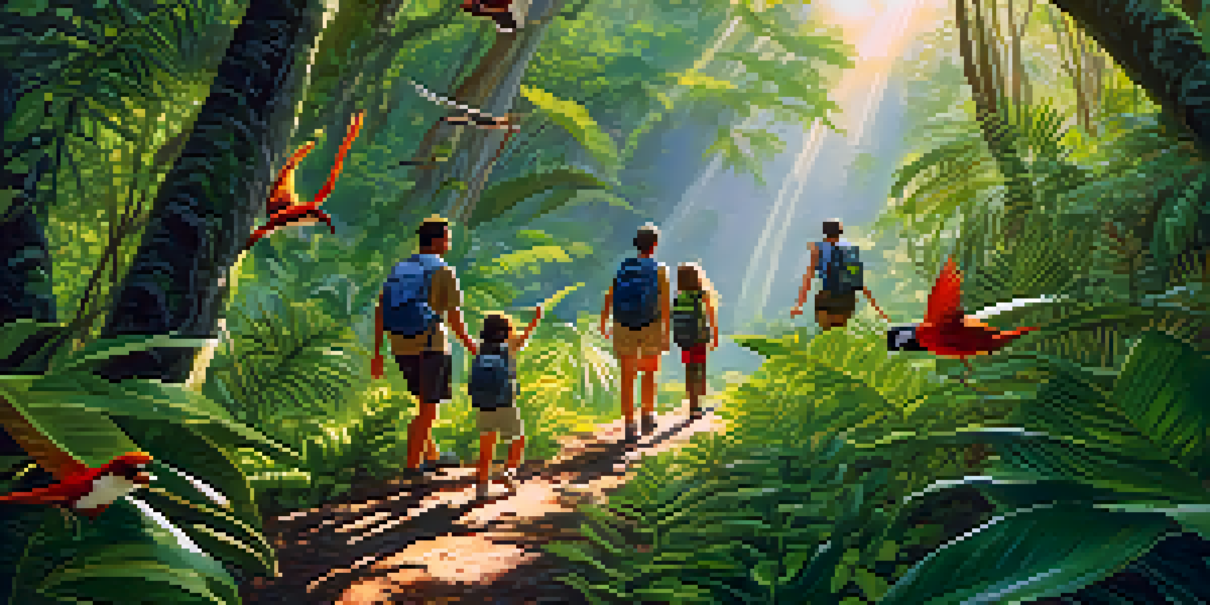A family enjoying a hike in a lush green forest filled with colorful birds and tropical plants, with sunlight filtering through the leaves.