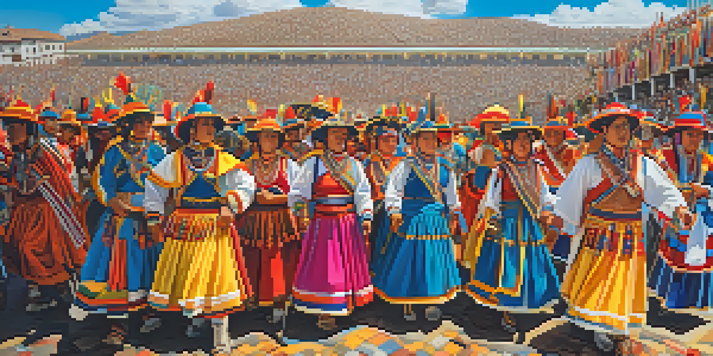 A colorful scene from the Inti Raymi festival in Peru with dancers in traditional costumes and a crowd of spectators under a sunny sky.