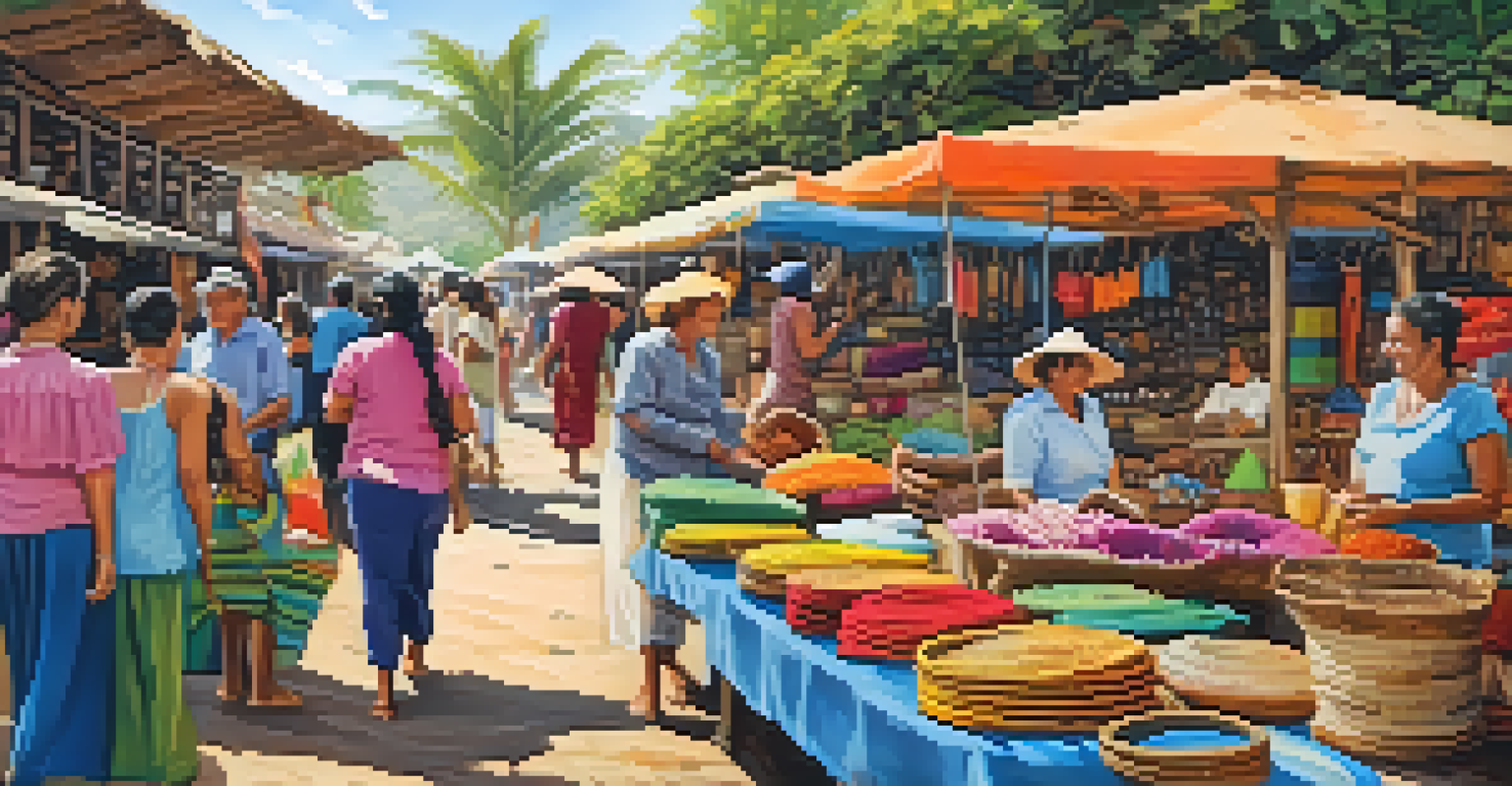 A vibrant local market in Mancora showcasing colorful handicrafts and artisans interacting with customers.