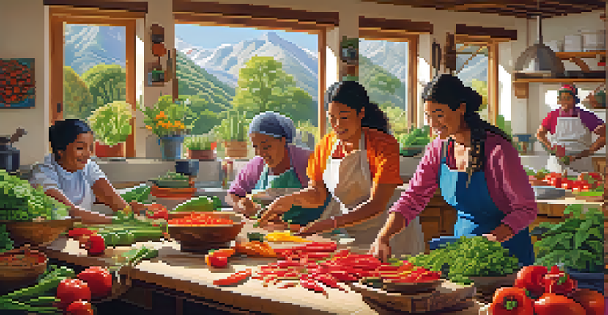 A lively cooking workshop with diverse participants preparing fresh Peruvian ingredients in a bright kitchen filled with traditional art and a garden view.