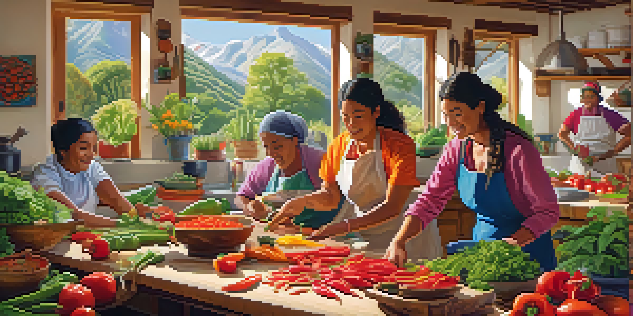 A lively cooking workshop with diverse participants preparing fresh Peruvian ingredients in a bright kitchen filled with traditional art and a garden view.