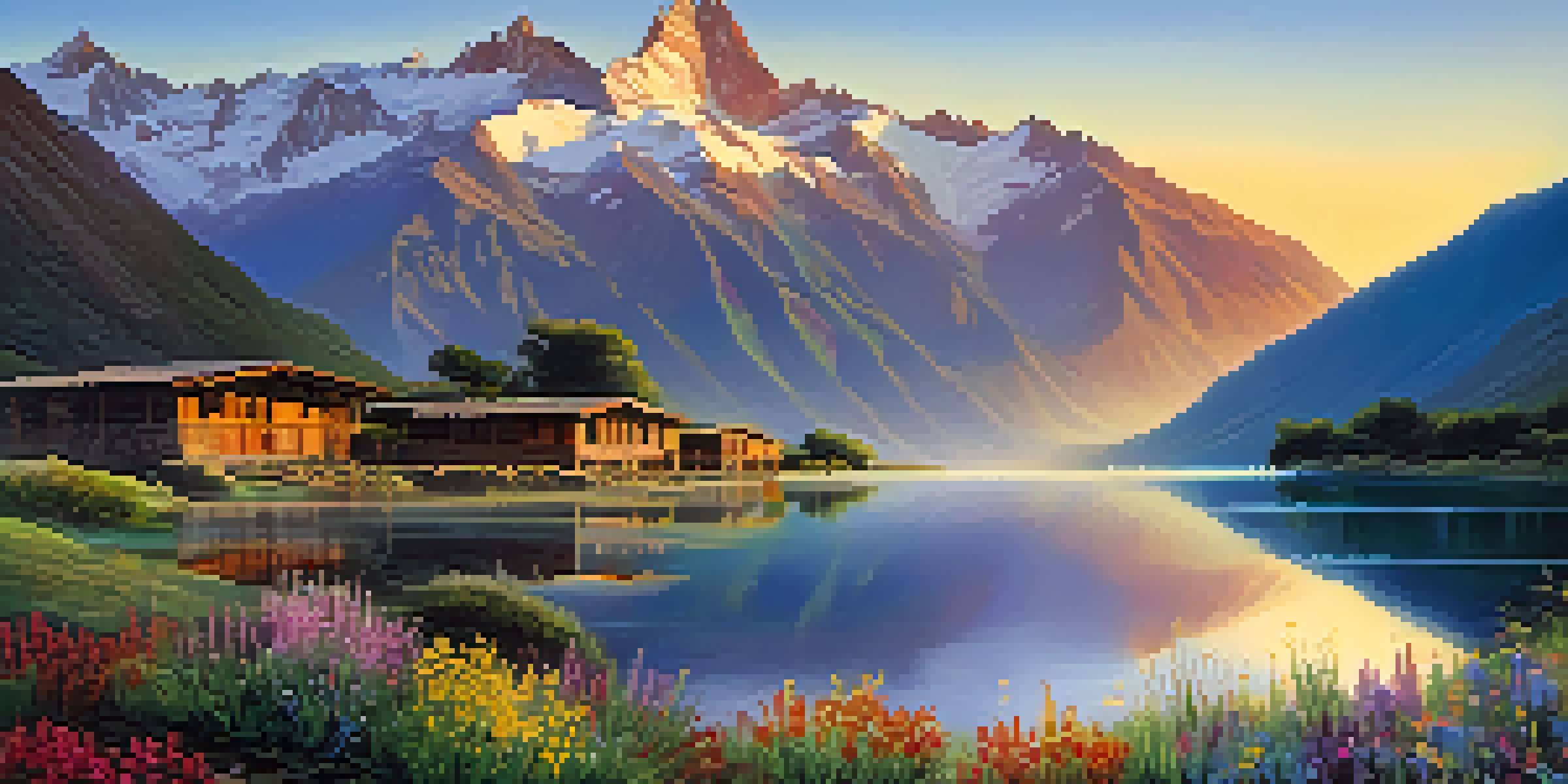 A stunning sunrise over the Andes mountains, with a calm lake and colorful wildflowers in the foreground.