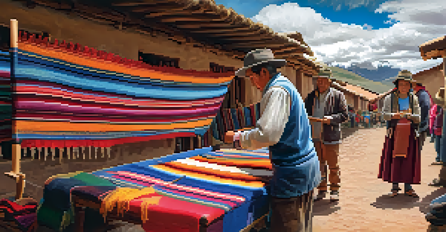 An artisan demonstrating traditional weaving at Chinchero market, surrounded by colorful textiles and engaged onlookers.