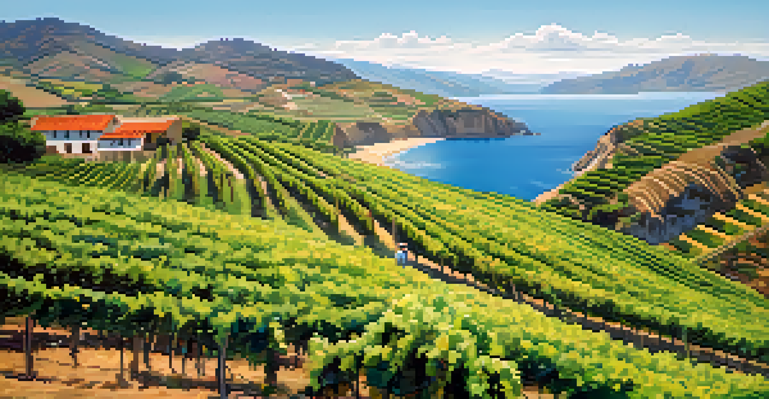 A scenic landscape of Cañete, Peru with rolling valleys, coastal cliffs, and a family-owned vineyard being tended to under a sunny sky.