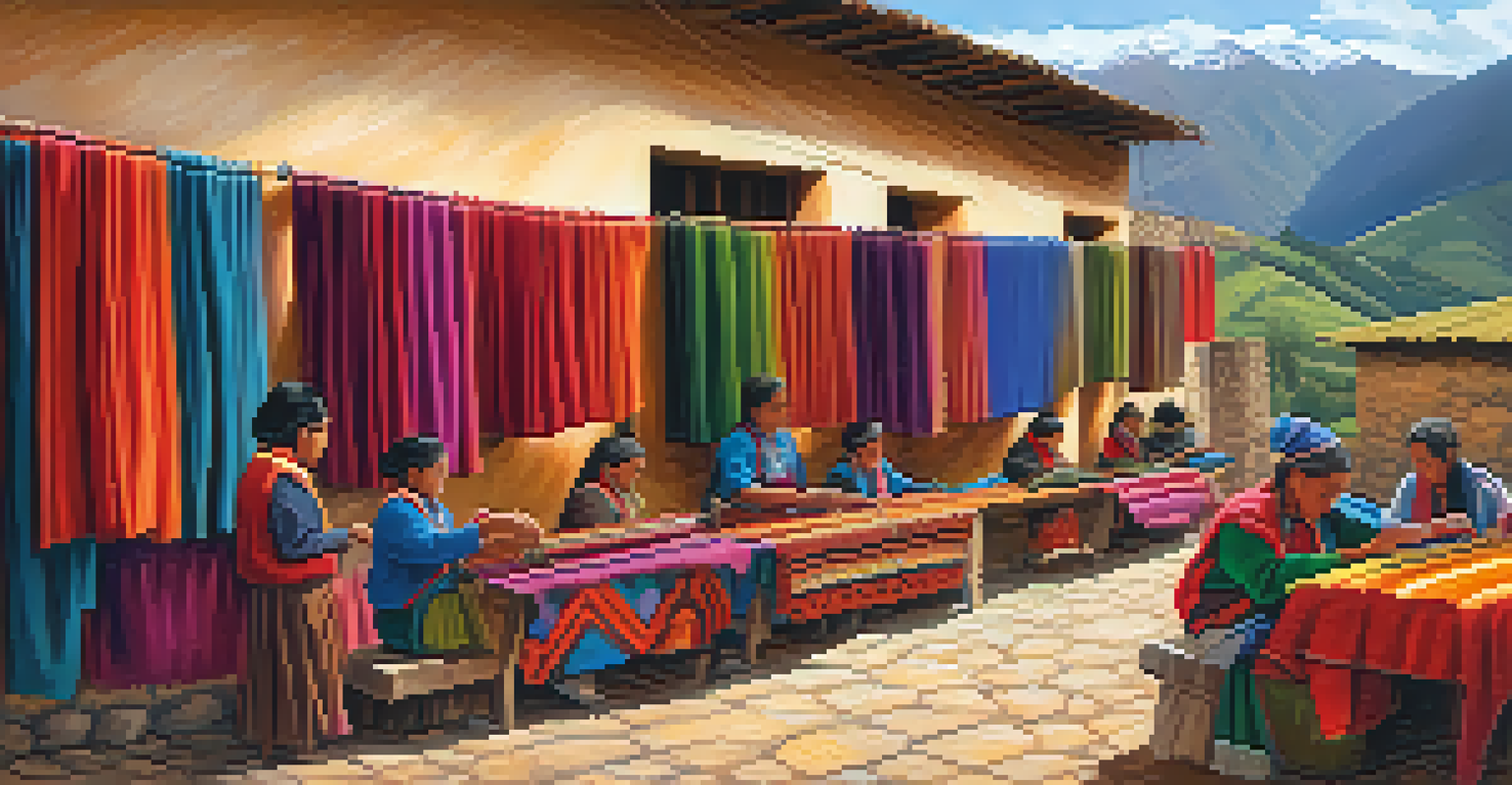 Local artisans crafting traditional textiles in a vibrant village near Kuelap, with colorful fabrics and the rugged mountains in the background.