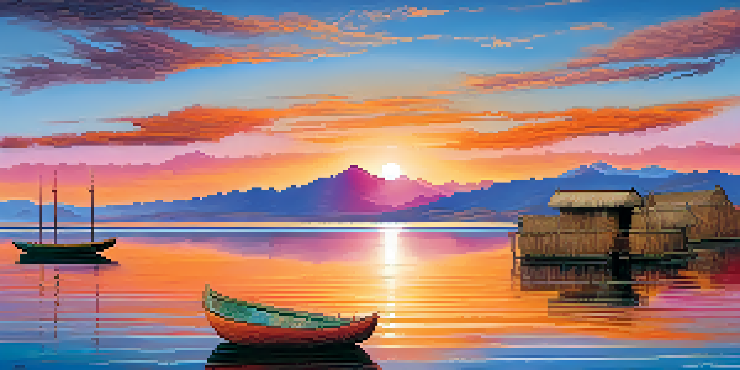A beautiful sunrise over Lake Titicaca with colorful reflections on the water, traditional reed boats, and the Andes mountains in the background.