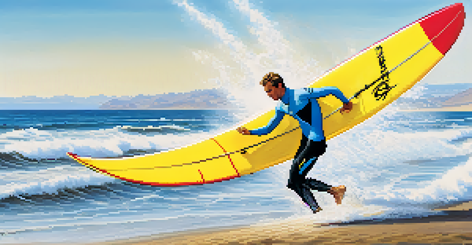 A wind surfer catching a wave in Pisco, with a vibrant blue ocean and golden sands in the background.