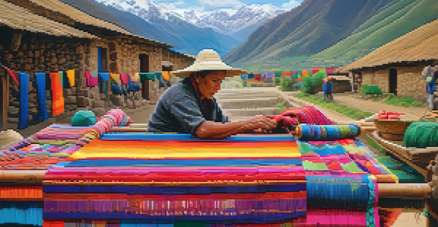 An artisan weaving textiles in a market setting with mountains in the background.
