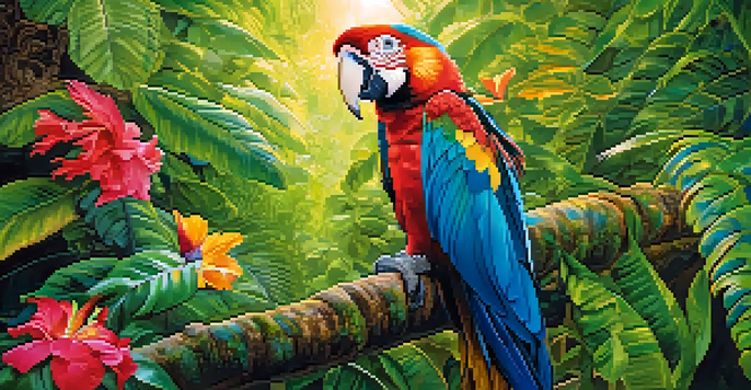 A close-up of a colorful macaw in a lush rainforest, showcasing its vibrant feathers and the surrounding greenery.