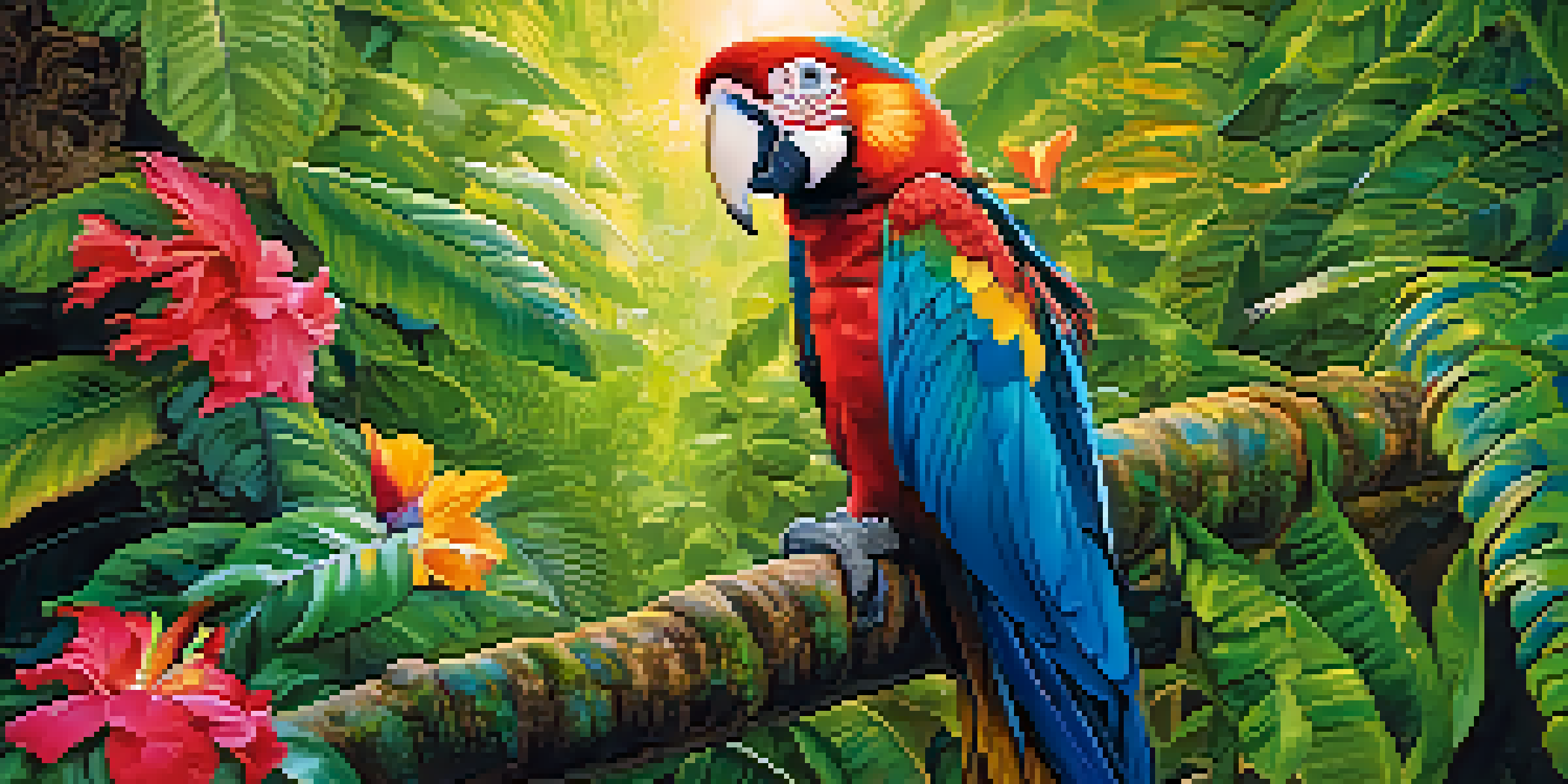 A close-up of a colorful macaw in a lush rainforest, showcasing its vibrant feathers and the surrounding greenery.