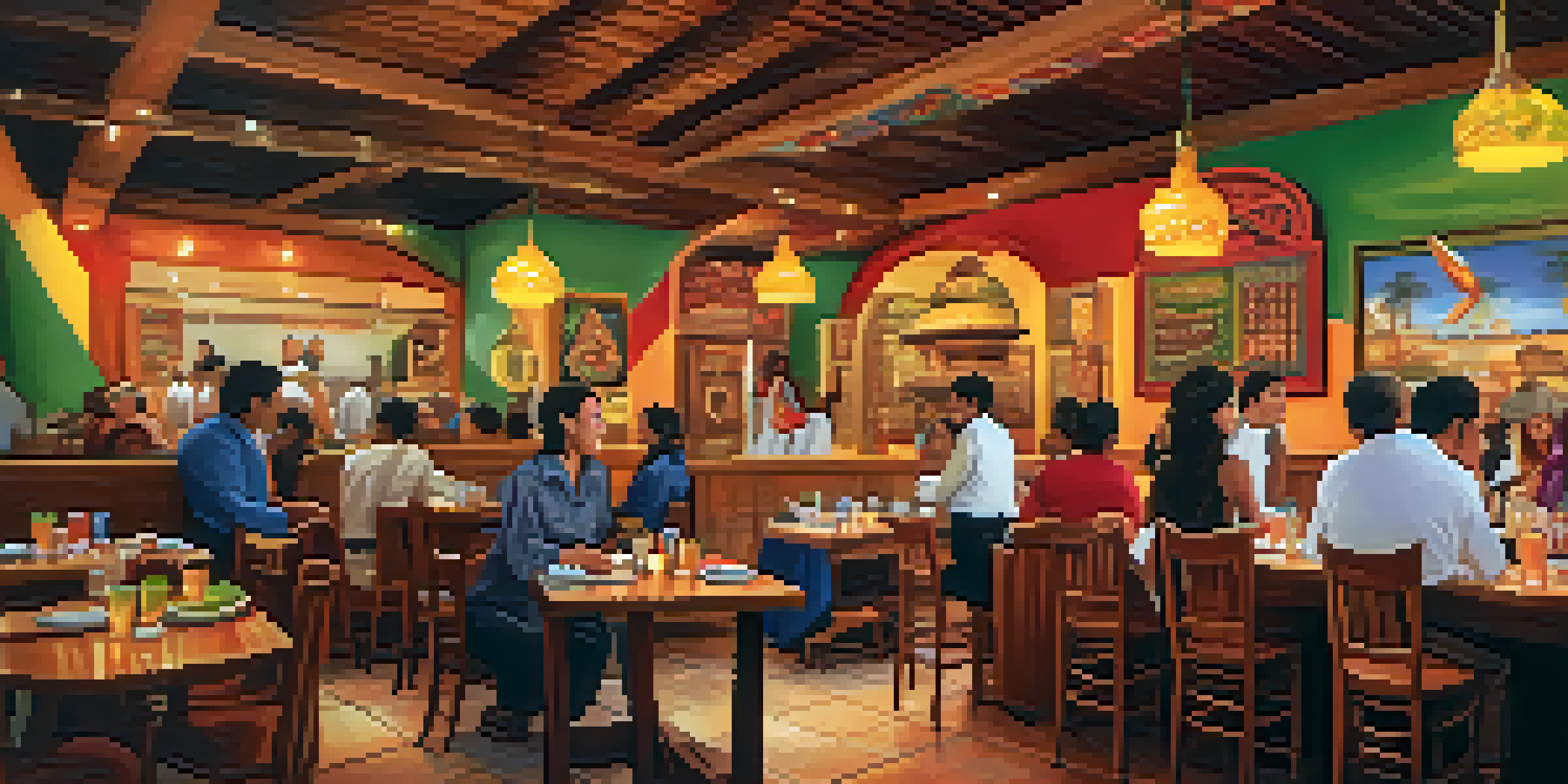 A warm and inviting Peruvian restaurant with colorful decorations, a waiter greeting customers, and traditional dishes on a table.