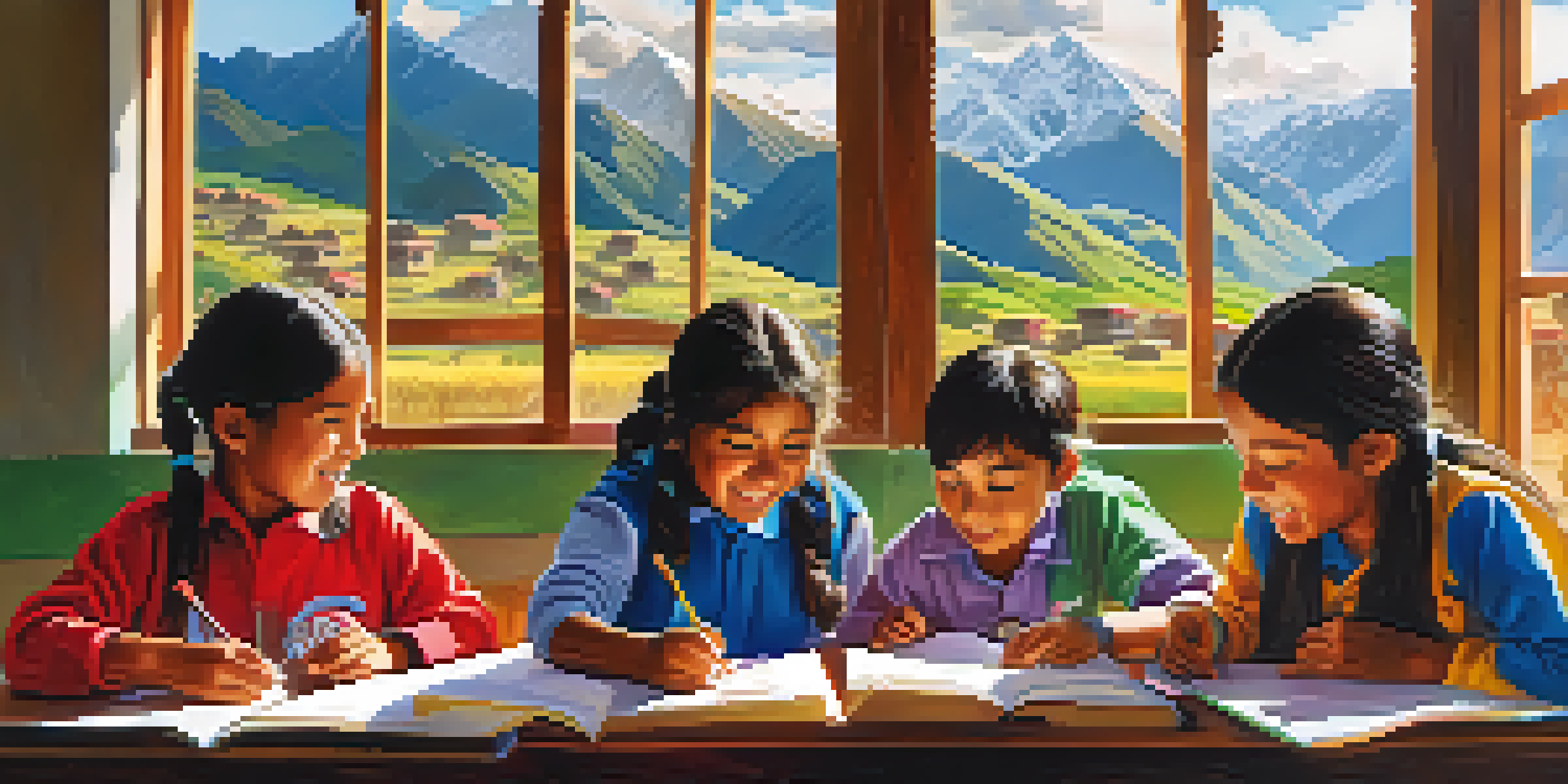 Volunteers teaching local children in a bright classroom in Peru, with mountains visible outside.