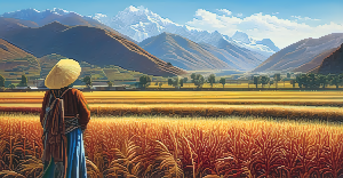 A farmer harvesting quinoa in a sunlit field surrounded by the Andean mountains, with golden and reddish quinoa plants and snow-dusted peaks in the background.