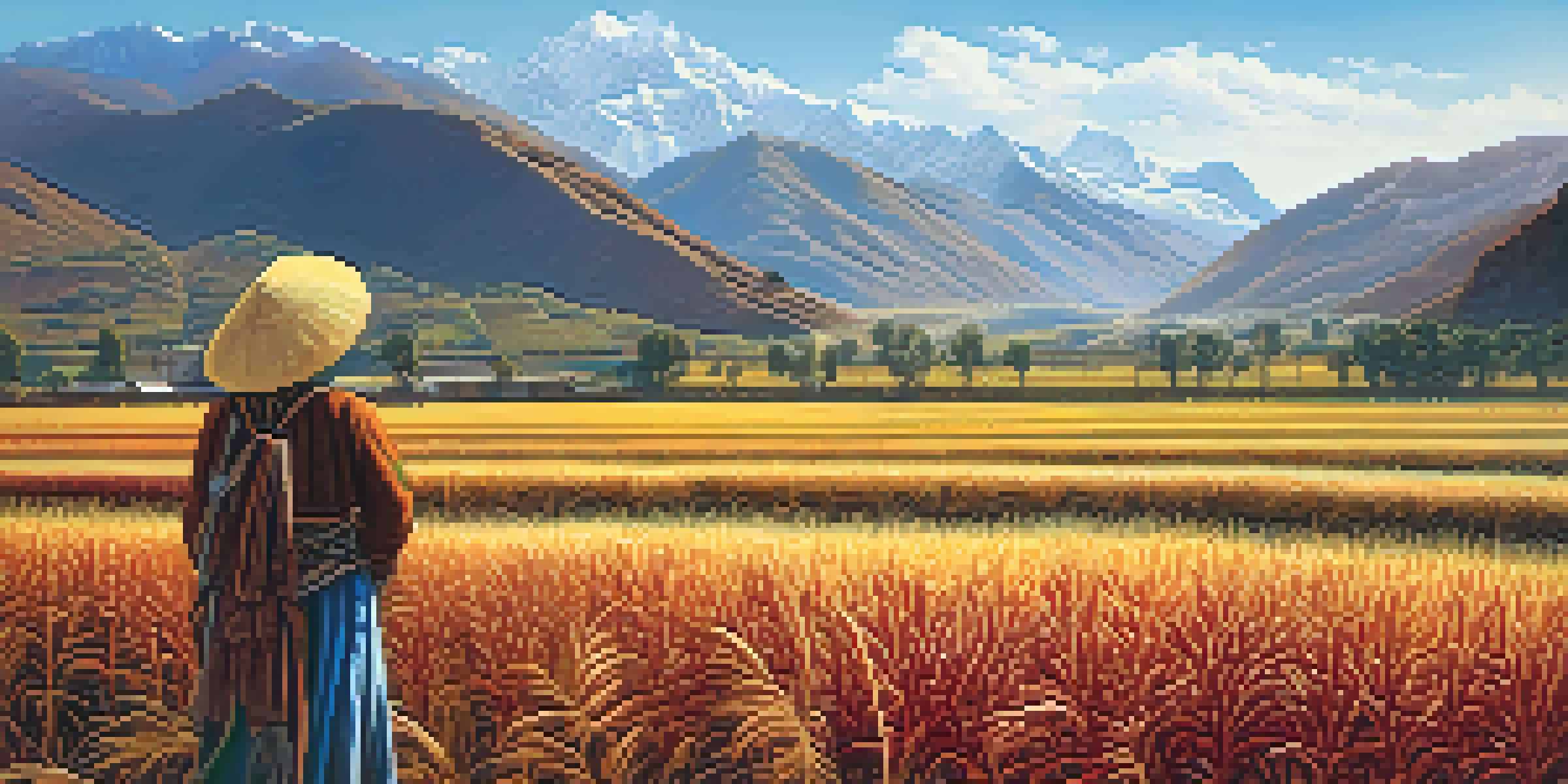 A farmer harvesting quinoa in a sunlit field surrounded by the Andean mountains, with golden and reddish quinoa plants and snow-dusted peaks in the background.