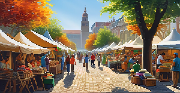 A lively community market with local artisans and colorful tents, showcasing handmade crafts and visitors engaging with locals.