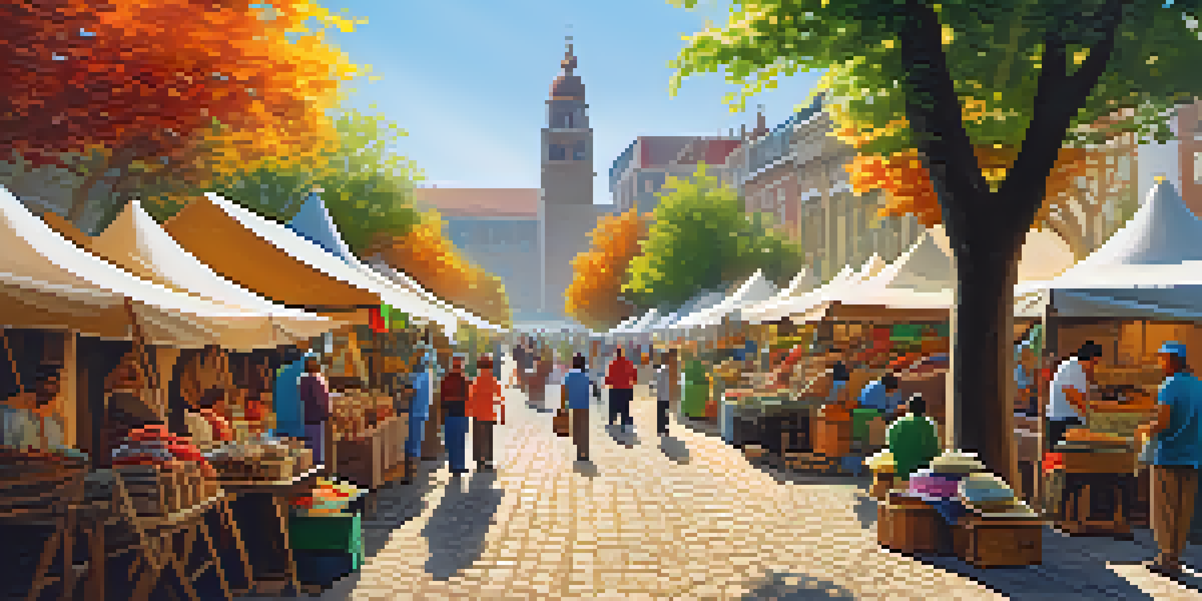 A lively community market with local artisans and colorful tents, showcasing handmade crafts and visitors engaging with locals.