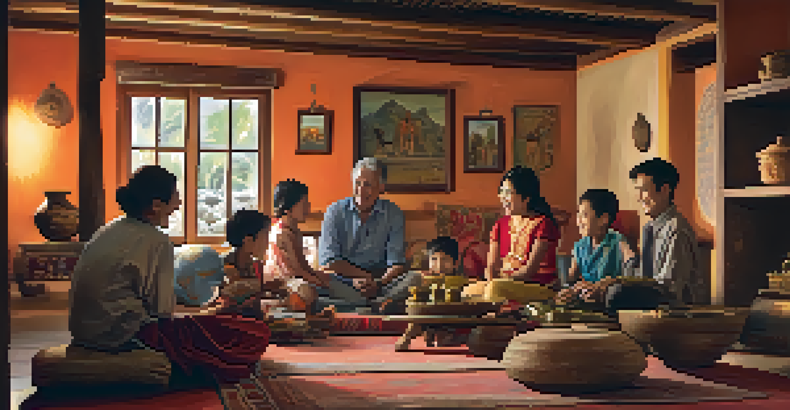 A traveler sharing stories with a local family in a cozy living room filled with traditional decor, everyone smiling and enjoying the moment.
