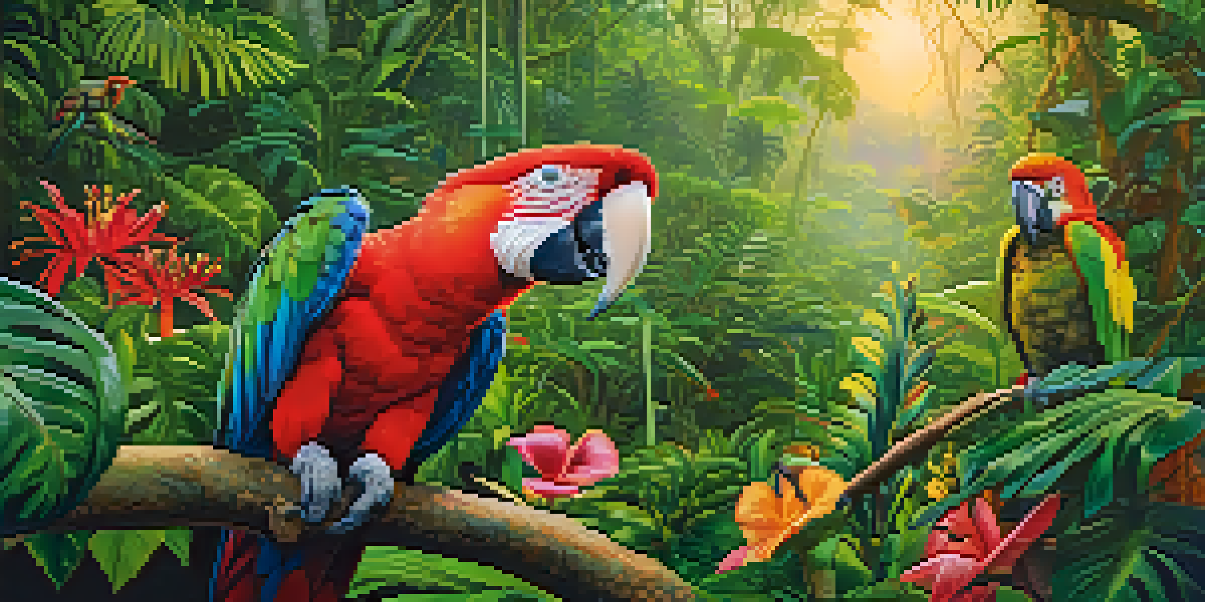 A lively Amazon rainforest at dawn with a scarlet macaw on a branch, surrounded by green foliage and flowers, illuminated by soft morning light.