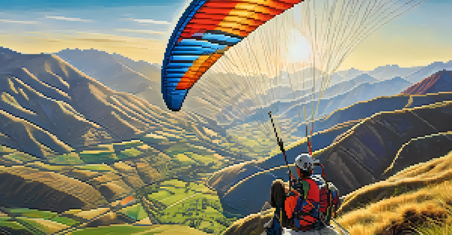 A paraglider and instructor getting ready for takeoff on a hillside, with the Sacred Valley landscape visible below, showcasing vibrant colors and natural patterns.