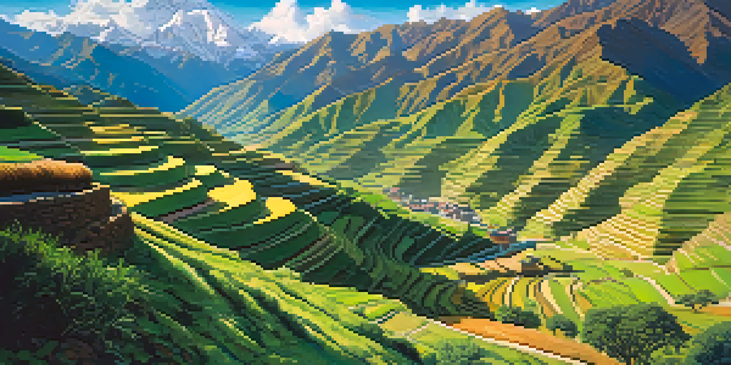 A panoramic view of the Huchuy Qosqo Trek with the Andes mountains, a winding trail, and terraced fields under a clear blue sky.