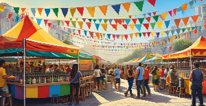 A lively craft beer festival in Lima, Peru, featuring colorful tents and attendees enjoying local brews under a sunny sky.