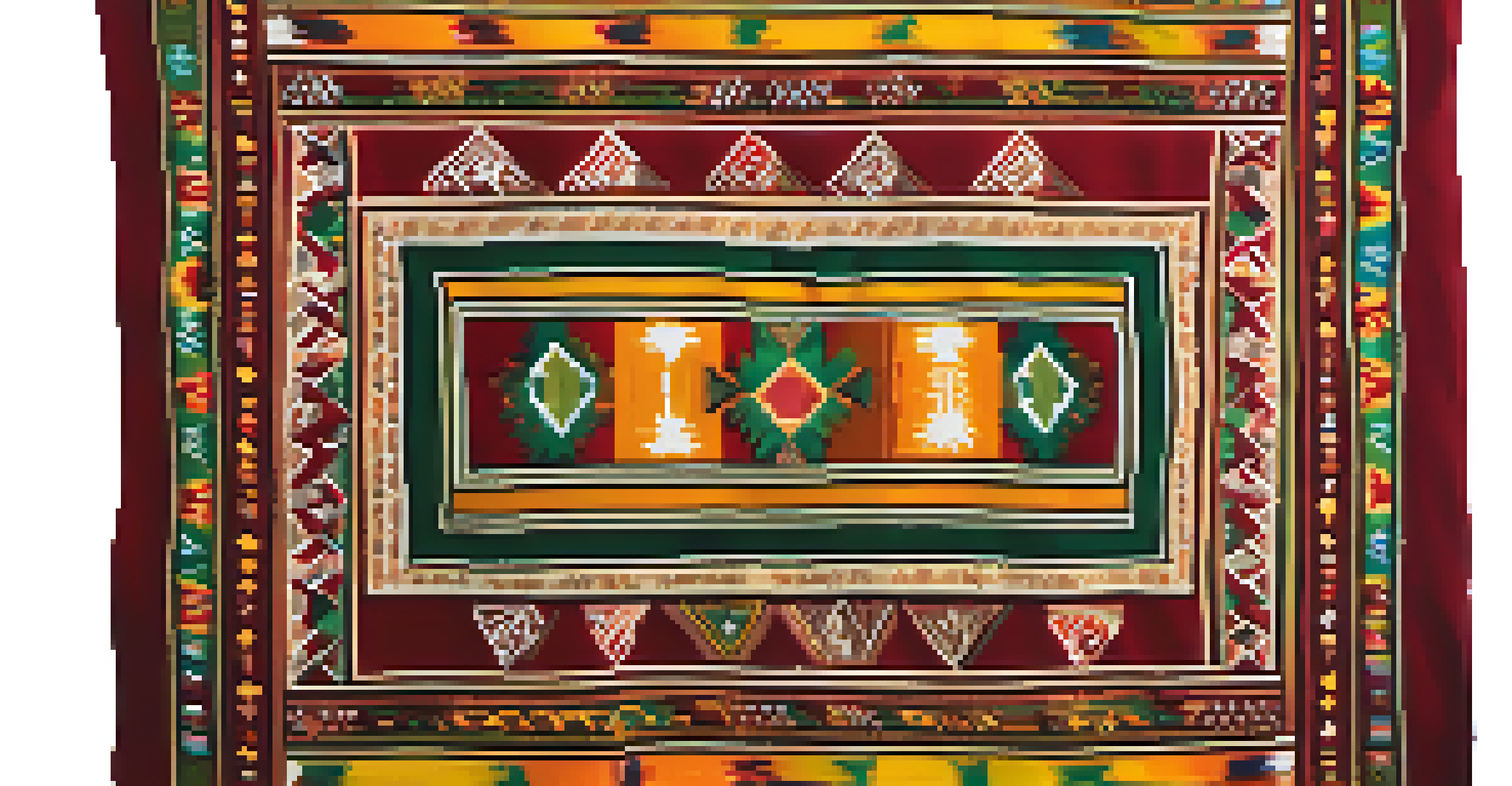 A close-up view of a colorful Peruvian textile with intricate patterns and textures.