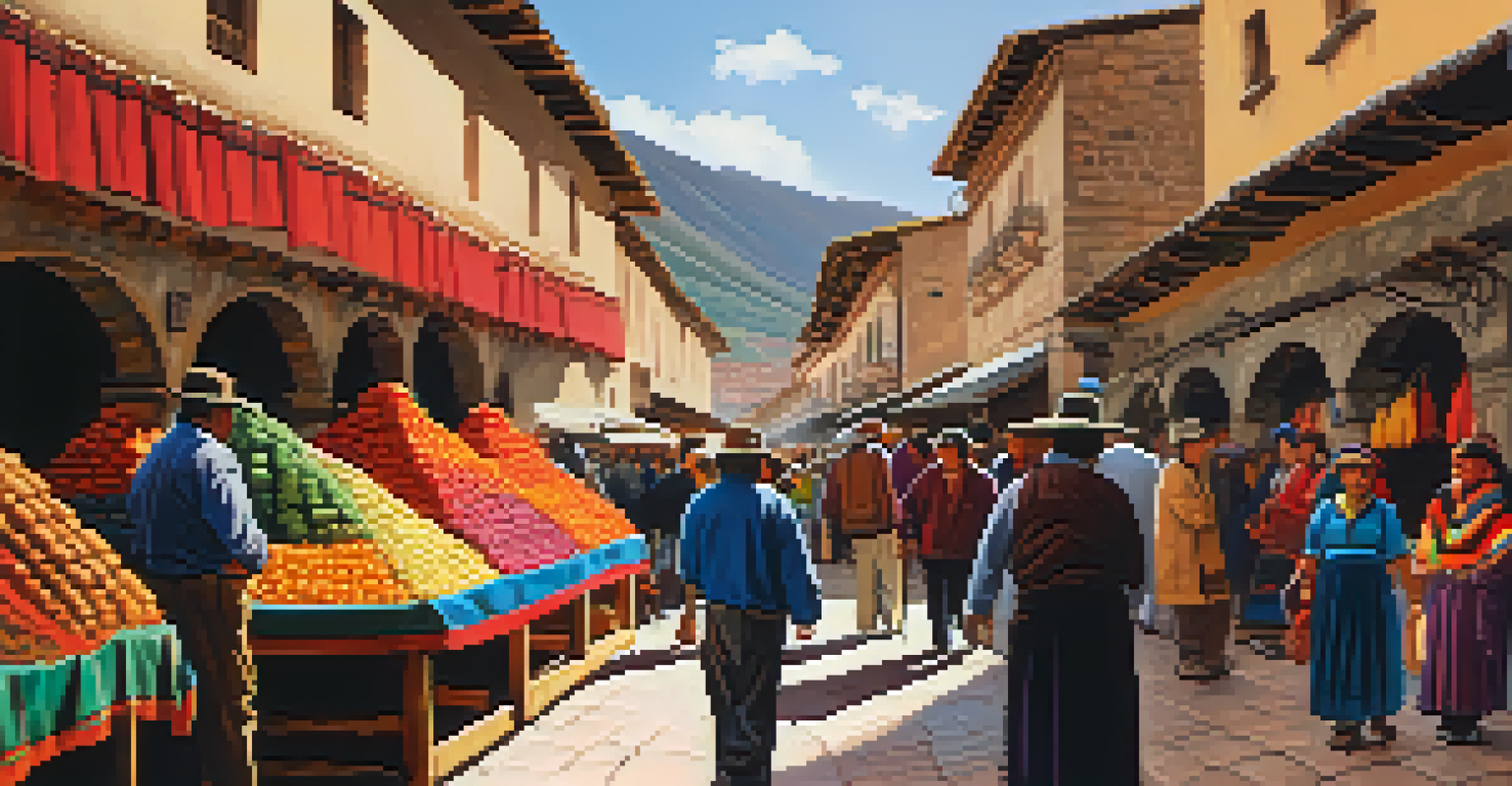 A lively market scene in Cusco, Peru, featuring colorful textiles and local artisans.