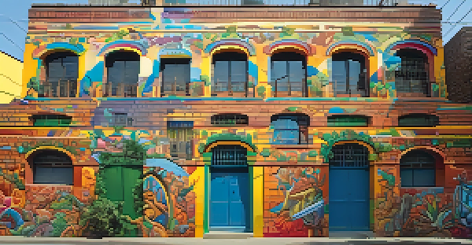 A colorful mural on a brick wall in Lima, Peru, featuring local wildlife and cultural symbols, with greenery and urban life around it.