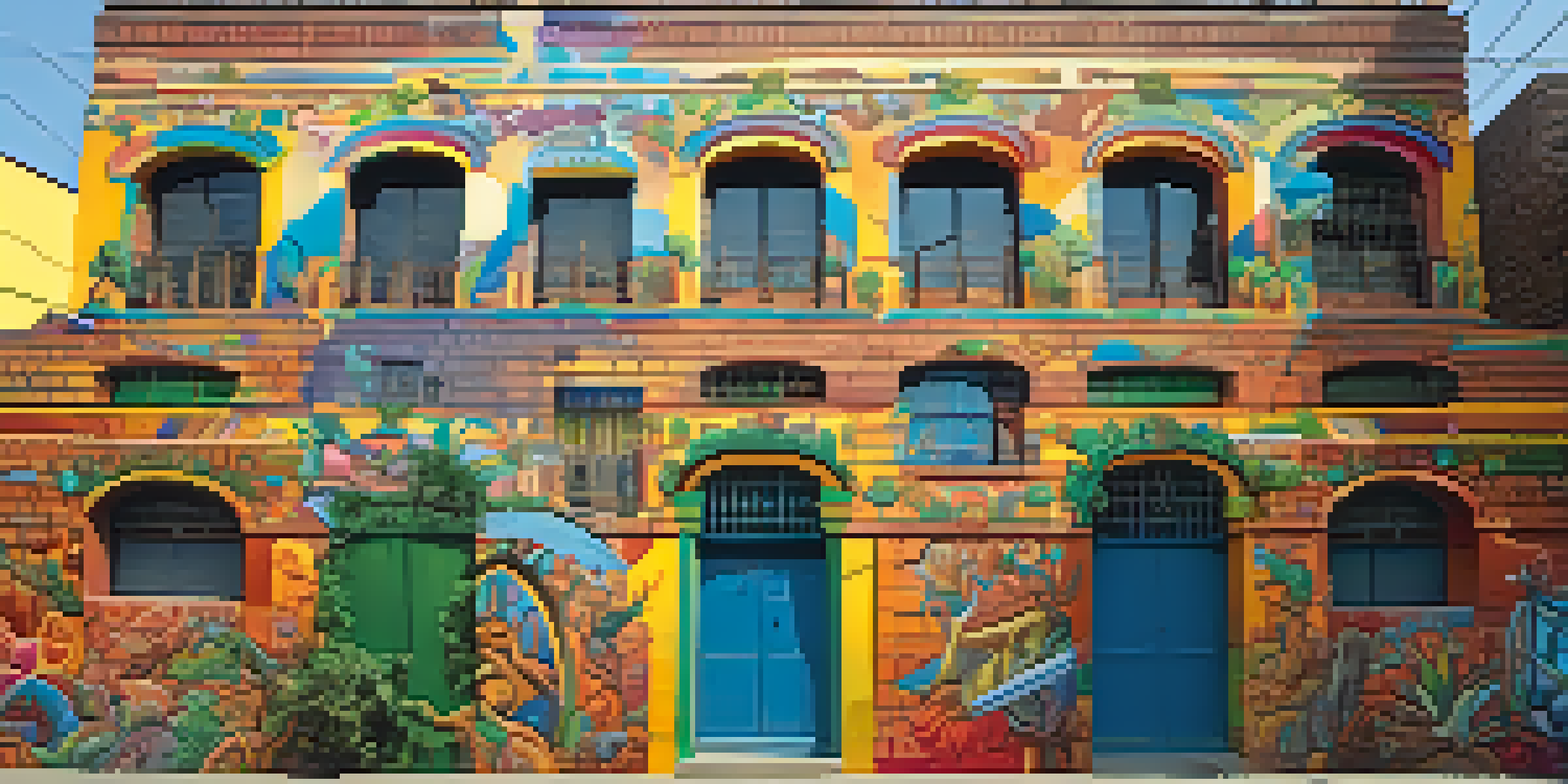 A colorful mural on a brick wall in Lima, Peru, featuring local wildlife and cultural symbols, with greenery and urban life around it.