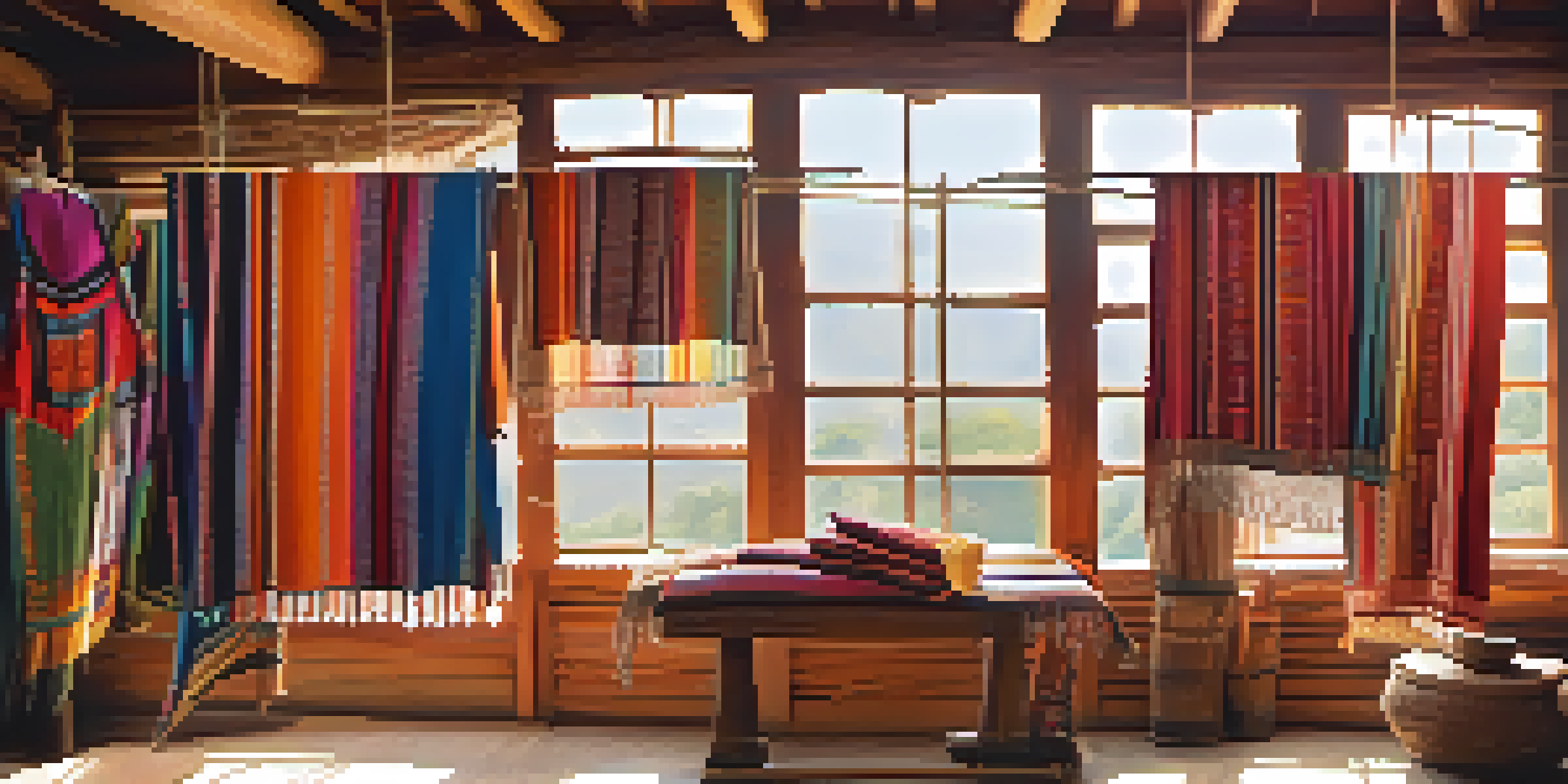 A sunlit artisan workshop filled with colorful traditional Peruvian textiles hanging over wooden looms, showcasing intricate patterns and textures.