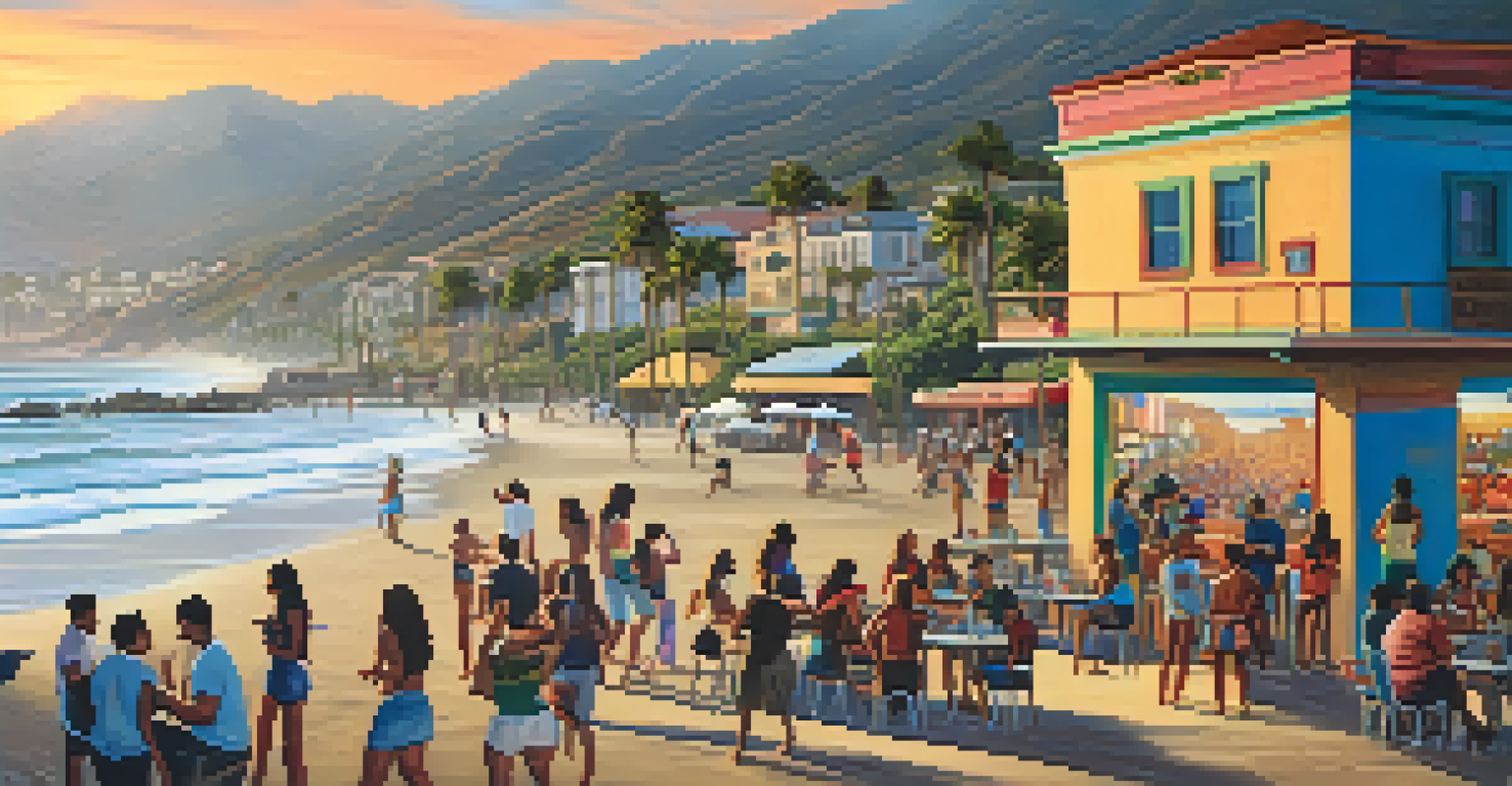 A vibrant scene in Los Organos, featuring colorful murals and artists painting outdoors, with surfers and people enjoying live music on the beach.