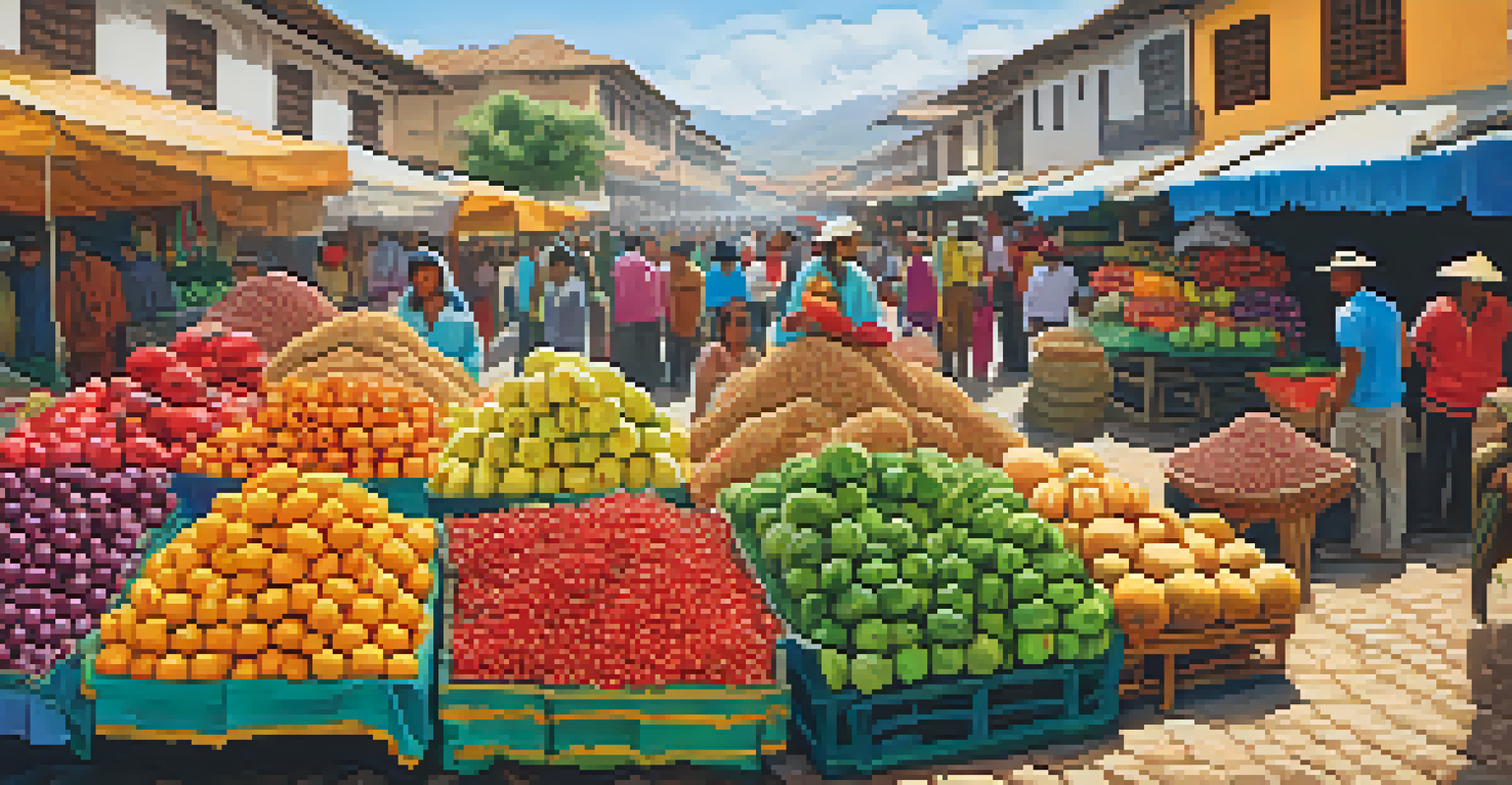 A lively Peruvian market filled with fresh produce, exotic fruits, and colorful textiles.