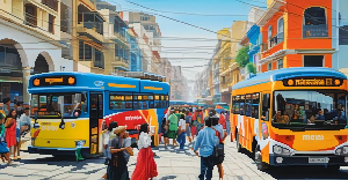 A busy street in Lima, Peru, featuring colorful buses, street vendors, and tourists mingling with locals, reflecting the vibrant atmosphere of the city.