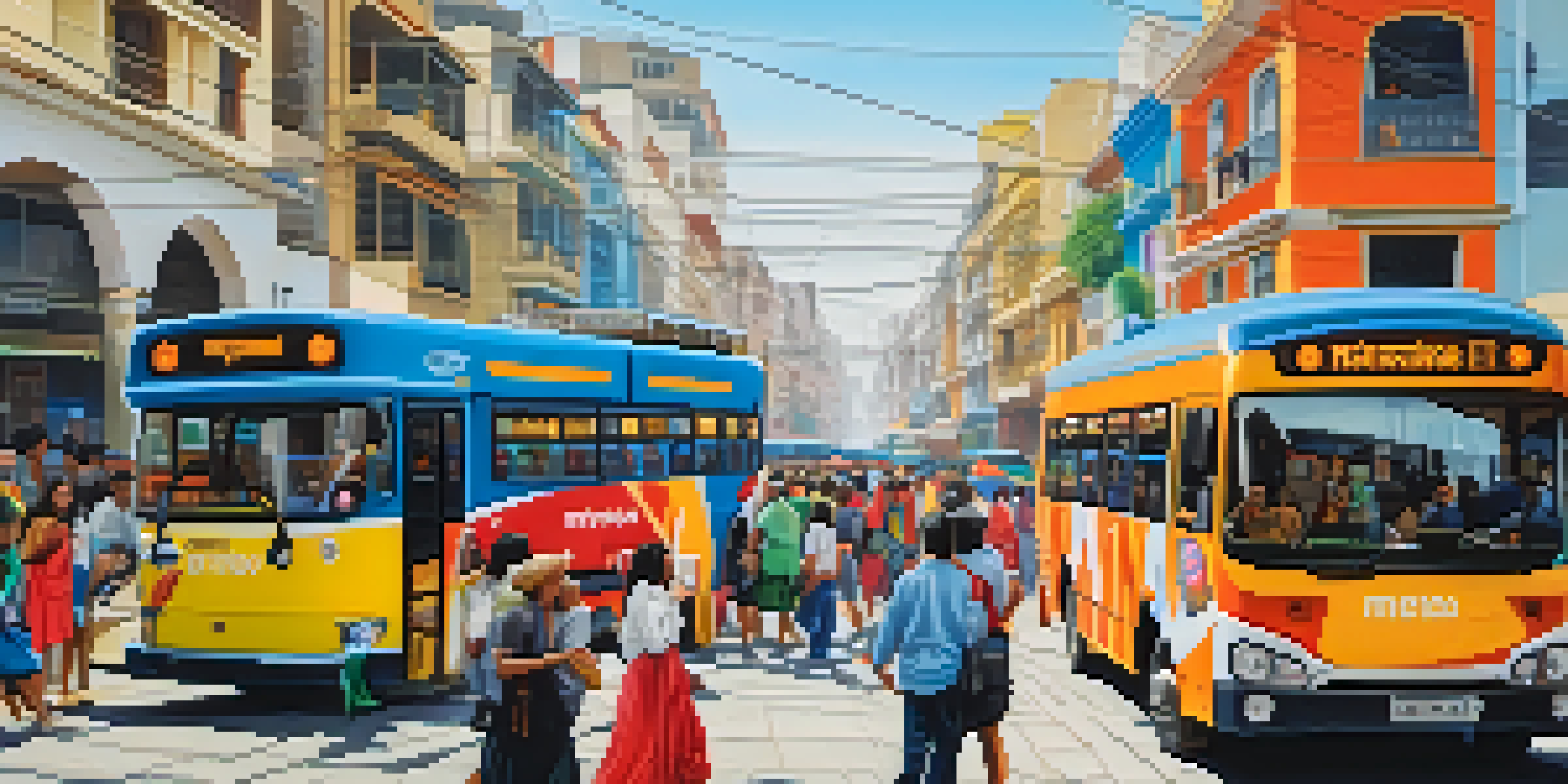 A busy street in Lima, Peru, featuring colorful buses, street vendors, and tourists mingling with locals, reflecting the vibrant atmosphere of the city.