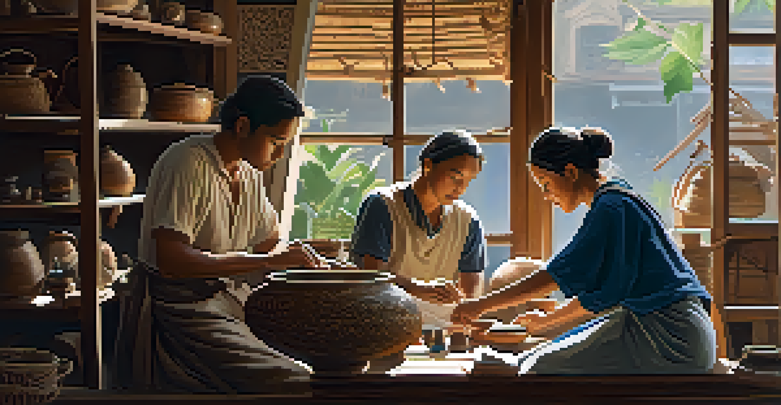 A traveler interacting with a local artisan in a cozy workshop, surrounded by handmade crafts and warm natural light.