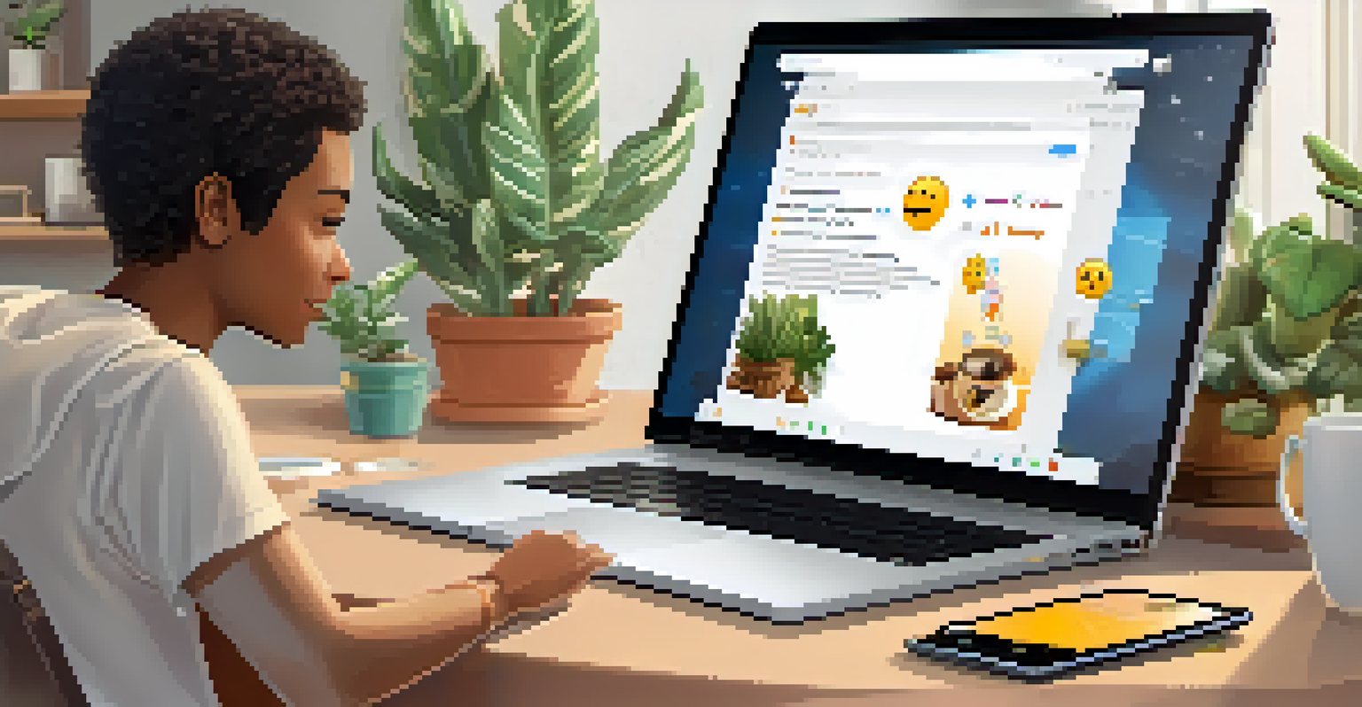 A cozy workspace with a person typing a friendly greeting on a laptop, showing a message that starts with 'Hola' and includes emojis.