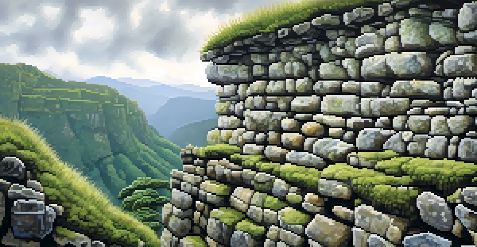 A close-up of the stone walls of Kuelap fortress, displaying intricate details and textures, surrounded by the lush greenery of the cloud forest.