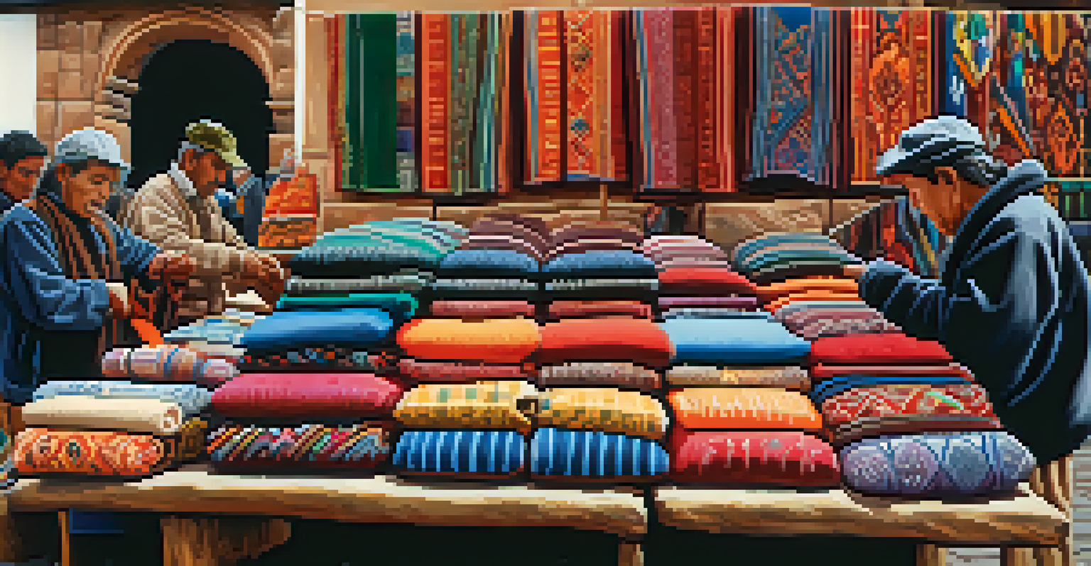 Artisan market showcasing colorful handmade textiles and wooden crafts, with artisans at work.
