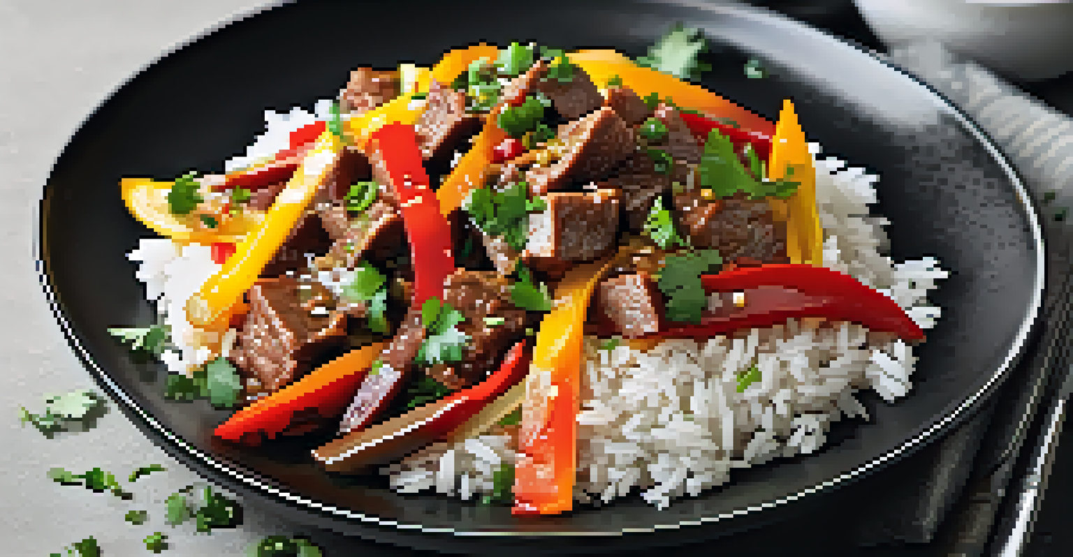 An overhead view of Lomo Saltado featuring stir-fried beef, colorful vegetables, and rice on a dark plate.