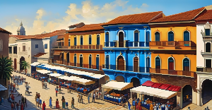 A panoramic view of Trujillo's historic center with colonial buildings and the Cathedral of Trujillo, featuring a blue sky and people walking on cobblestone streets.