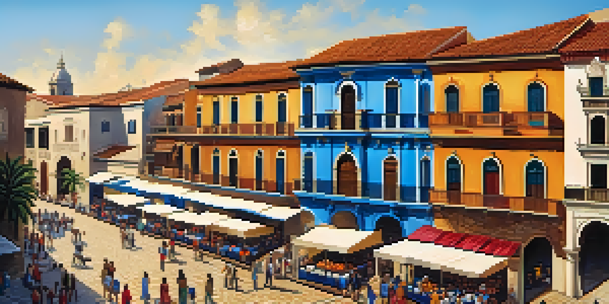 A panoramic view of Trujillo's historic center with colonial buildings and the Cathedral of Trujillo, featuring a blue sky and people walking on cobblestone streets.
