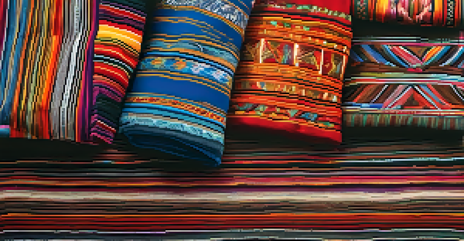 A close-up of colorful traditional Peruvian textiles with intricate patterns and textures on display.