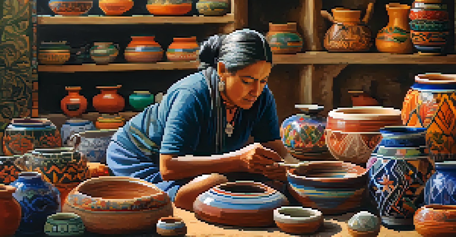 An artisan creating pottery in a market, surrounded by colorful crafts and textiles.
