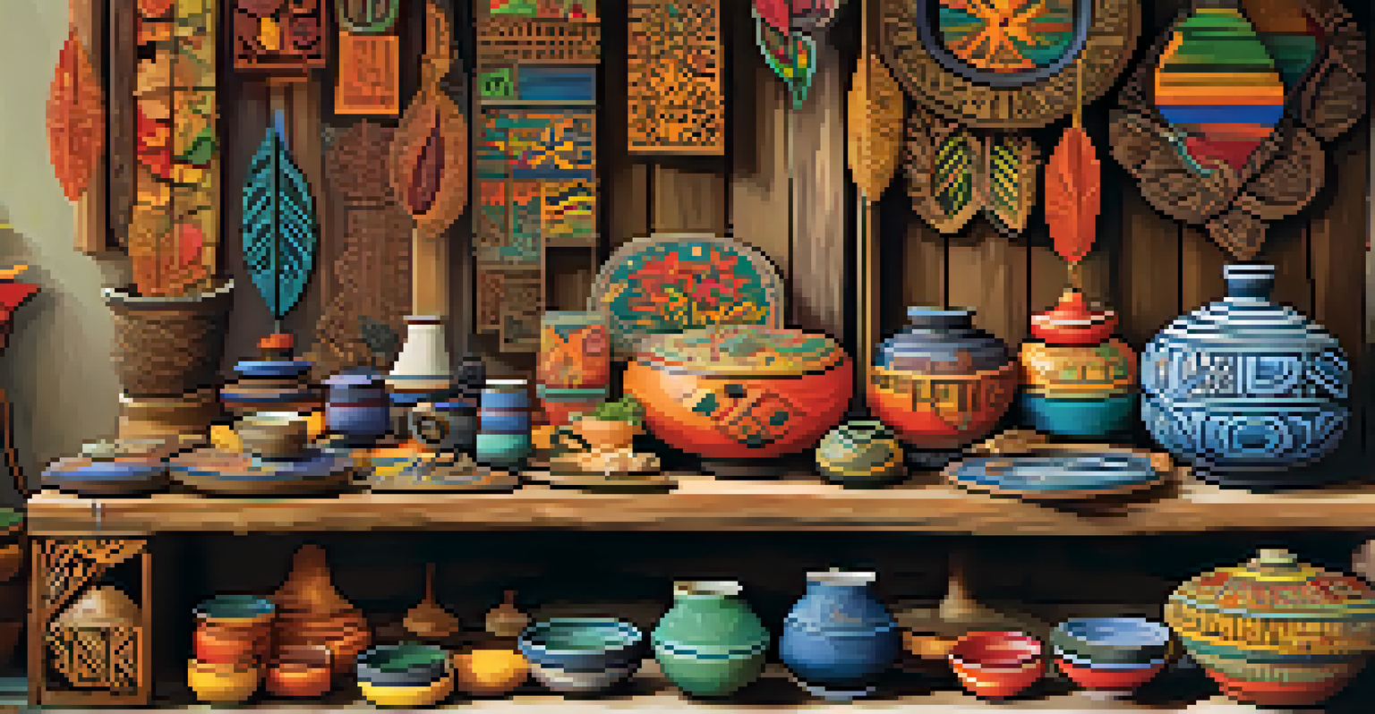 A display of colorful handcrafted souvenirs on a rustic wooden table with natural elements.